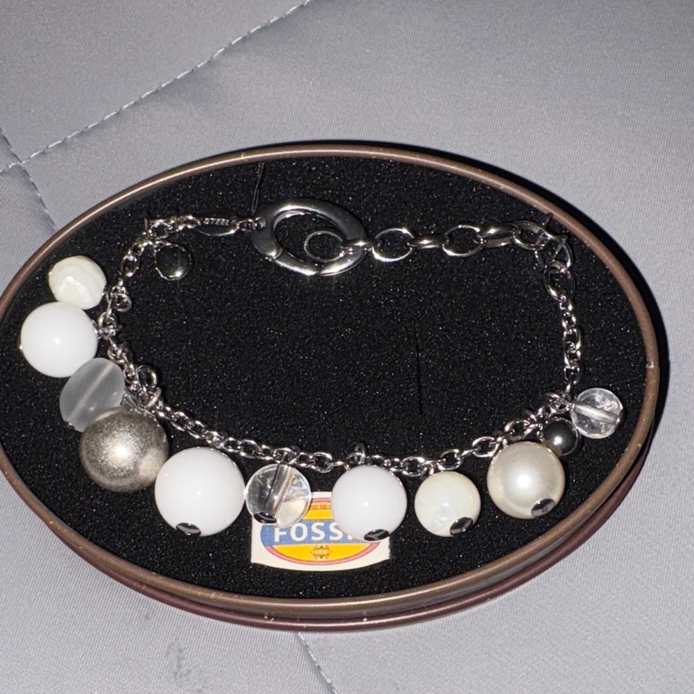 Fossil Silver and White Beaded Bracelet